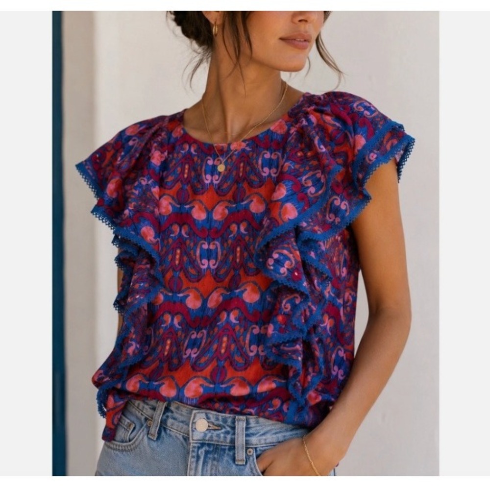 Marc New York Jeans Ruffle Top Women Medium Paisley Textured Boho Cotton Blouse